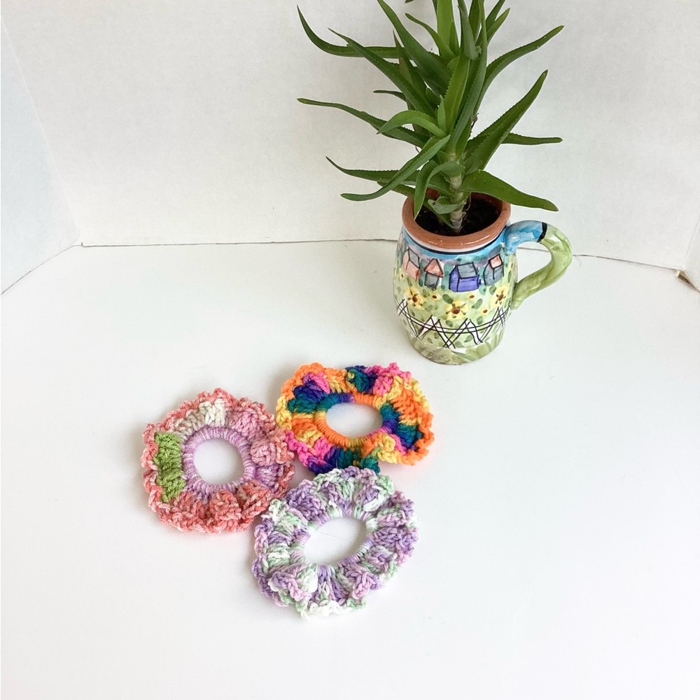 Hair Scrunchy Set Hand Crafted Colorful Spring Summer Crochet Purple Green